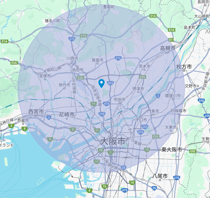 豊中市を中心に半径16km以内が訪問エリアです